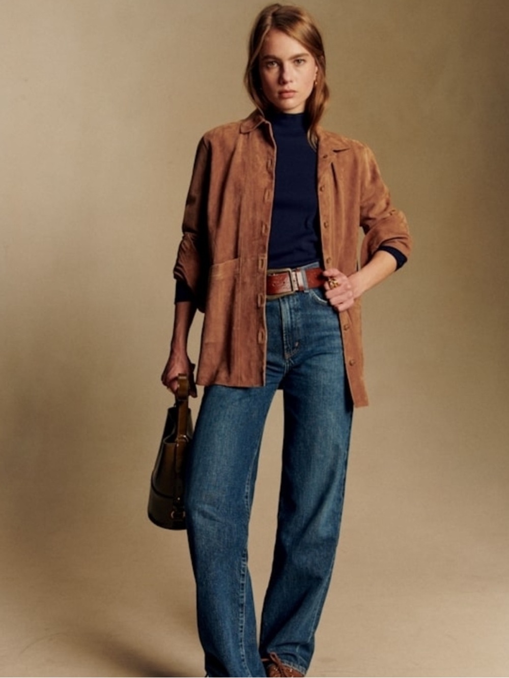 Sezane Suede Button-Front Jacket - Brown - Picture 3 of 5